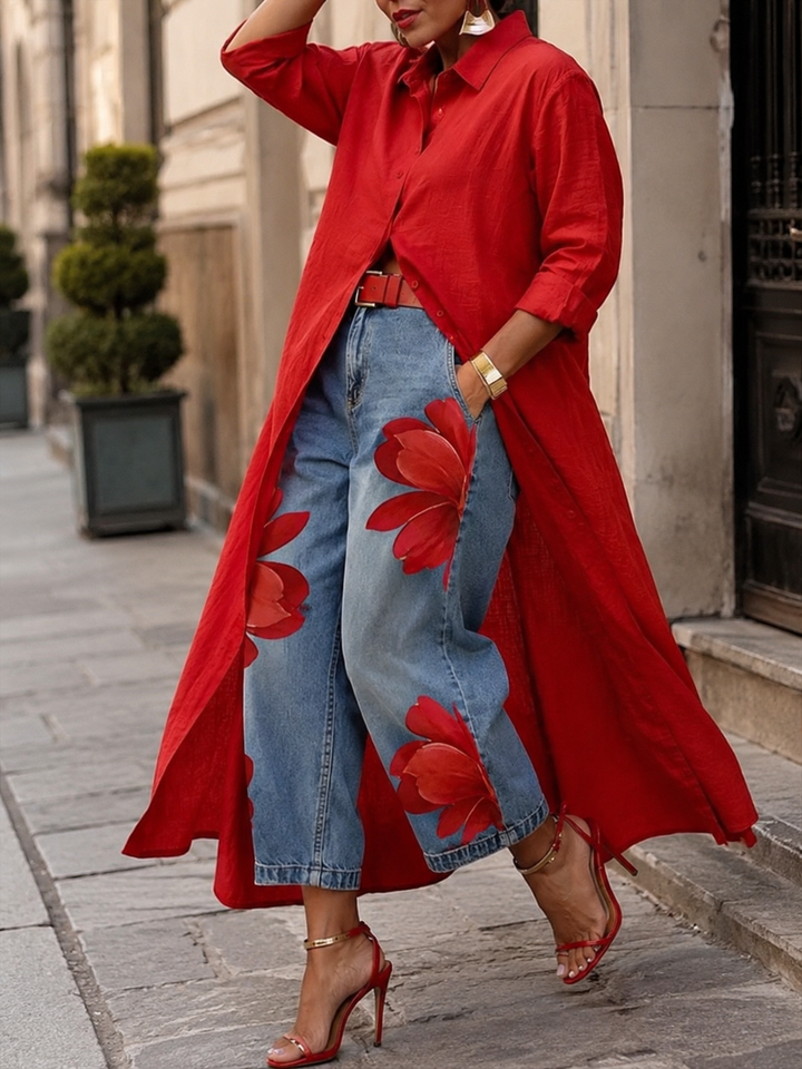 Maud - Linen Shirt Dress and Floral Jeans