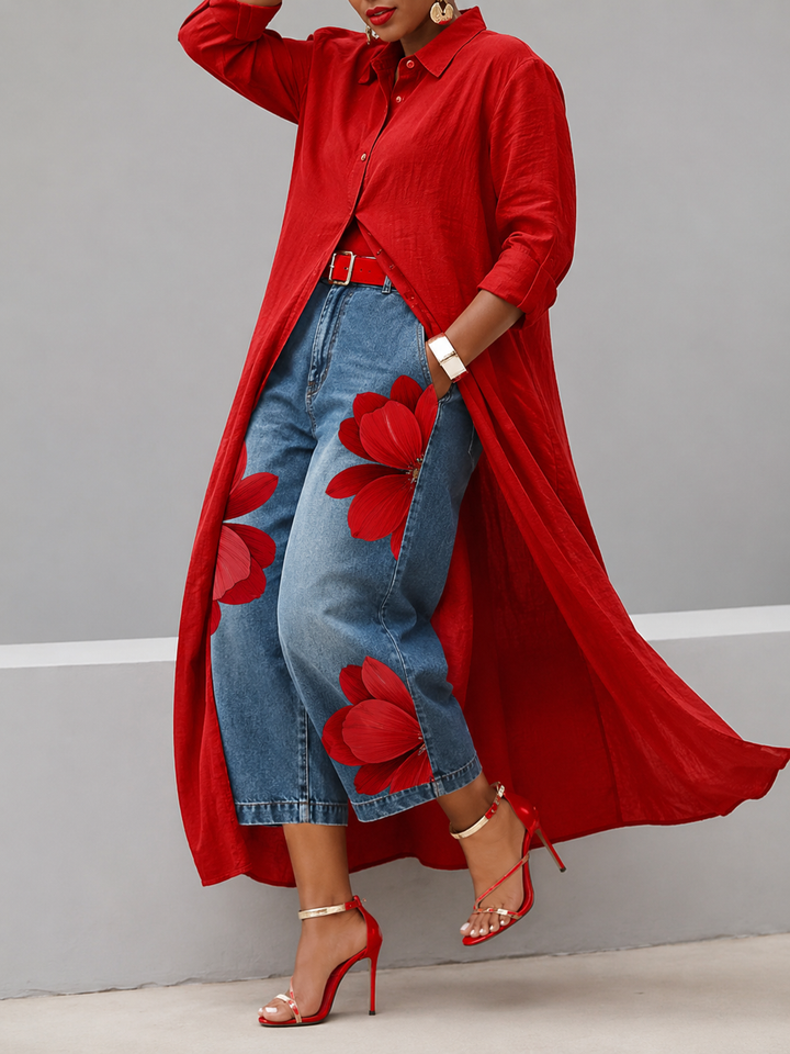 Maud - Linen Shirt Dress and Floral Jeans