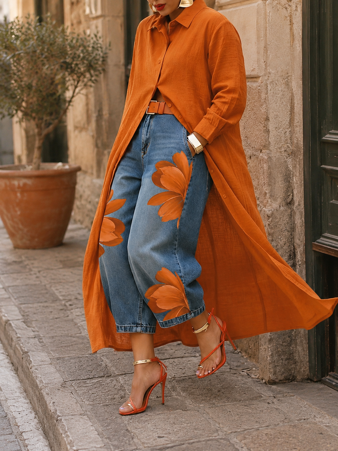 Maud - Linen Shirt Dress and Floral Jeans