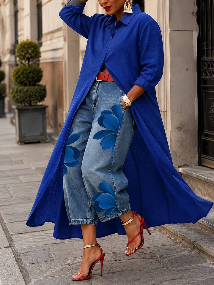 Maud - Linen Shirt Dress and Floral Jeans