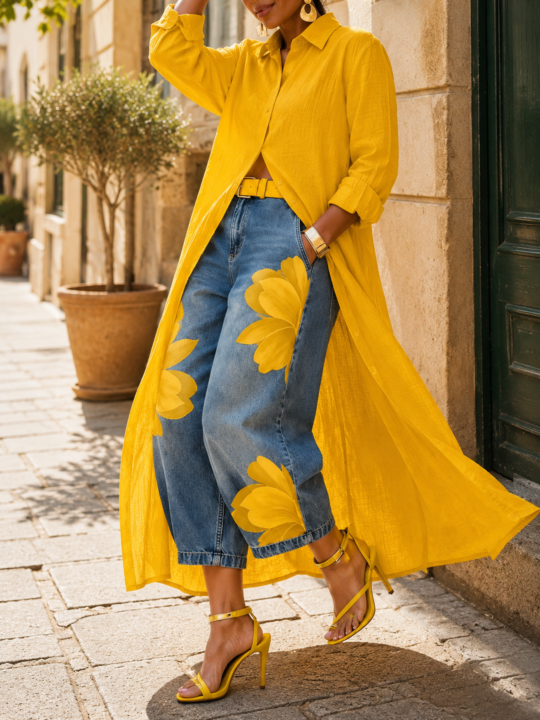 Maud - Linen Shirt Dress and Floral Jeans