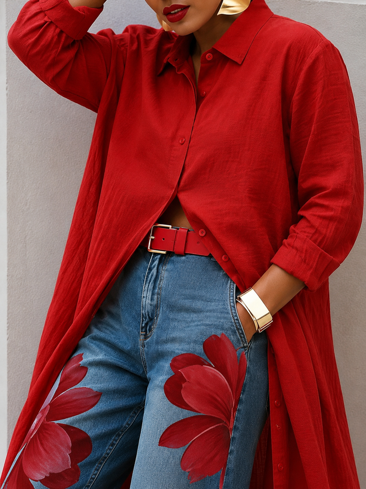 Maud - Linen Shirt Dress and Floral Jeans